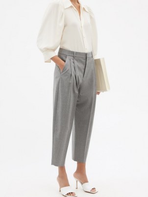 STELLA MCCARTNEY Dawson cropped wool-flannel trousers ~ womens grey tailored front pleat crop leg pants ~ cropped hem ~ pleated ~ loose relaxed fit - flipped