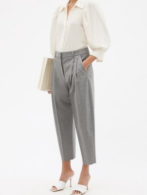 STELLA MCCARTNEY Dawson cropped wool-flannel trousers ~ womens grey tailored front pleat crop leg pants ~ cropped hem ~ pleated ~ loose relaxed fit