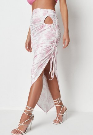 helena critchley edit pink floral print slinky keyhole midaxi skirt / asymmetric side gathered summer skirts