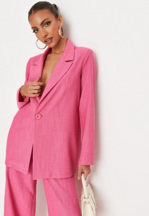MISSGUIDED hot pink linen look oversized blazer ~ women’s longline vibrant coloured single breasted summer jackets - flipped