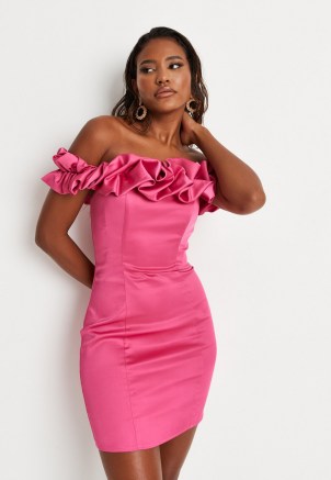 Missguided hot pink ruffle bandeau satin mini dress | ruffled off the shoulder party dresses | barbot necklines - flipped