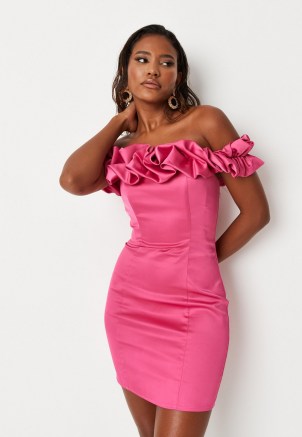 Missguided hot pink ruffle bandeau satin mini dress | ruffled off the shoulder party dresses | barbot necklines