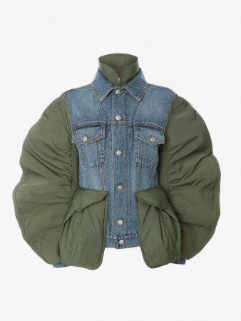 Alexander McQueen Hybrid Denim Jacket | womens extreme gathered balloon sleeve jackets | women’s designer outerwear - flipped