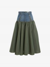 Alexander McQueen Hybrid Midi Skirt Indigo / Khaki | womens designer fashion | denim and gathered green polyfaille full skirts