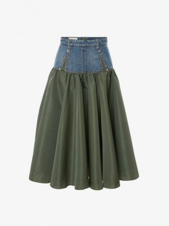 Alexander McQueen Hybrid Midi Skirt Indigo / Khaki | womens designer fashion | denim and gathered green polyfaille full skirts - flipped