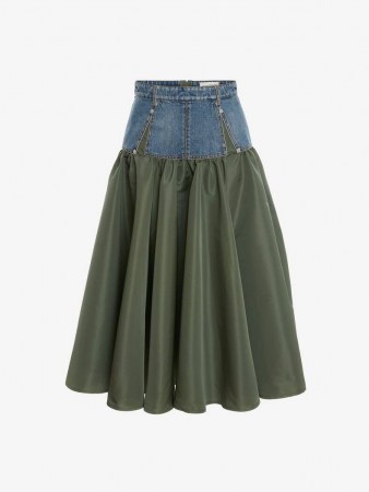 Alexander McQueen Hybrid Midi Skirt Indigo / Khaki | womens designer fashion | denim and gathered green polyfaille full skirts