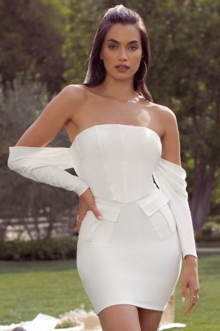 Club L London IVORY BARDOT CORSET DRAPE FRONT MINI DRESS | strapless fitted bodice going out dresses - flipped