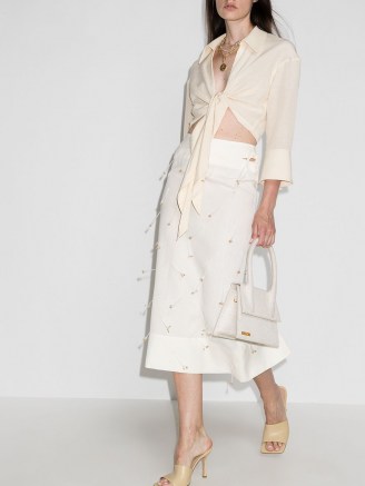 Jacquemus Blé beaded high-waisted skirt – luxe side cut-out bead embellished linen skirts - flipped