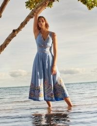 Boden Jemima Linen Midi Dress Grey Blue Chambray / womens summer sleeveless fit and flare dresses