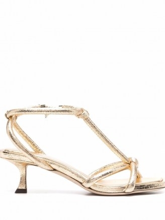 Jimmy Choo gold strap-detail open-toe sandals / strappy metallic low heel sandal / womens glamorous shoes / women’s occasion - flipped