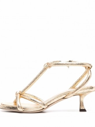 Jimmy Choo gold strap-detail open-toe sandals / strappy metallic low heel sandal / womens glamorous shoes / women’s occasion