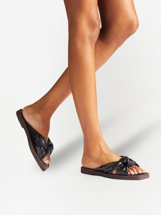 Jimmy Choo Tropica snake-print flat sandals – black gathered knot front flats - flipped