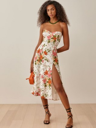 Reformation Juliette Dress in Tropique | thigh high split hem summer dresses | spaghetti strap fashion | strappy | floral | sweetheart neckline