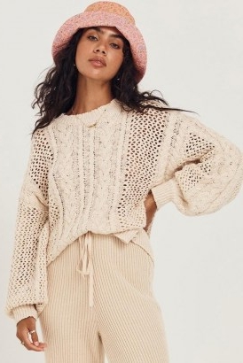 SPELL DESIGNS KALANI CABLE JUMPER Sand | feminine knitwear | womens slouchy drop shoulder jumpers | neutral luxe style sweaters | women’s open stitch cotton sweater