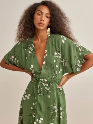 REFORMATION Karen Dress in Lomita / green floral lightweight georgette dresses - flipped