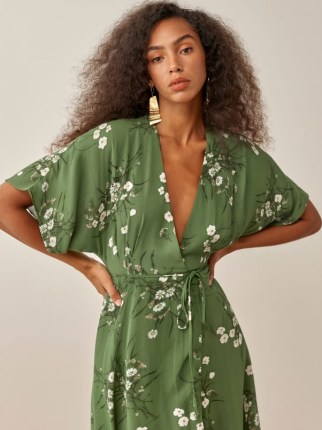 REFORMATION Karen Dress in Lomita / green floral lightweight georgette dresses