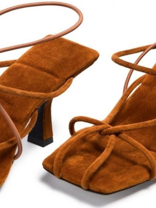 Khaite Monza 70mm suede sandals in caramel-brown / strappy square toe sandal - flipped