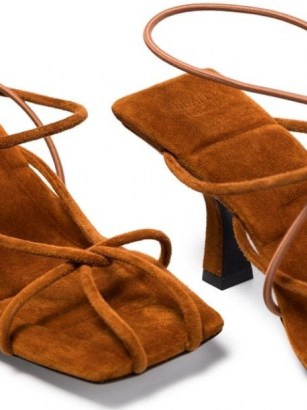 Khaite Monza 70mm suede sandals in caramel-brown / strappy square toe sandal