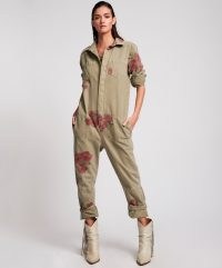 ONETEASPOON KHAKI HIBISCUS PARADISE OVERALL | floral denim overalls | women’s cool casual fashion | relaxed slouchy fit utility jumpsuit | womens jumpsuits