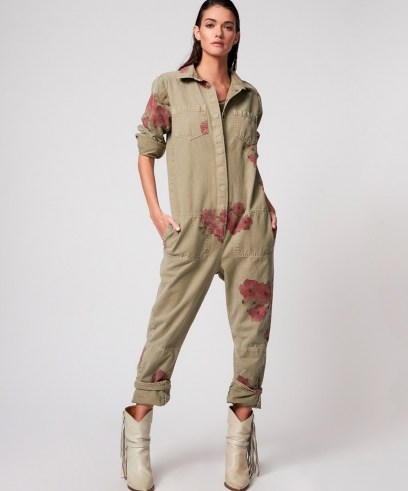 ONETEASPOON KHAKI HIBISCUS PARADISE OVERALL | floral denim overalls | women’s cool casual fashion | relaxed slouchy fit utility jumpsuit | womens jumpsuits - flipped