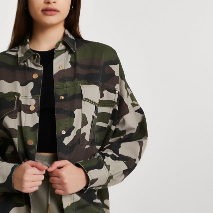 RIVER ISLAND Khaki long sleeve camo utility overshirt / women’s camouflage overshirts / oversized shirts
