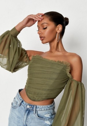 Missguided khaki puff sleeve bust point corset top | womens green strapless ruched bodice tops | sheer balloon sleeves | women’s on trend fashion - flipped