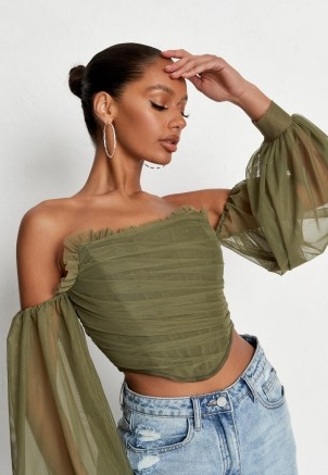 Missguided khaki puff sleeve bust point corset top | womens green strapless ruched bodice tops | sheer balloon sleeves | women’s on trend fashion