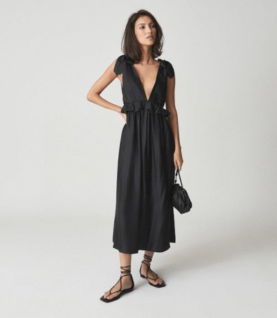 Reiss LAURA SILK BLEND MIDI DRESS BLACK | plunge front summer dresses | frill detail fashion | womens feminine style clothing | plunging neckline - flipped
