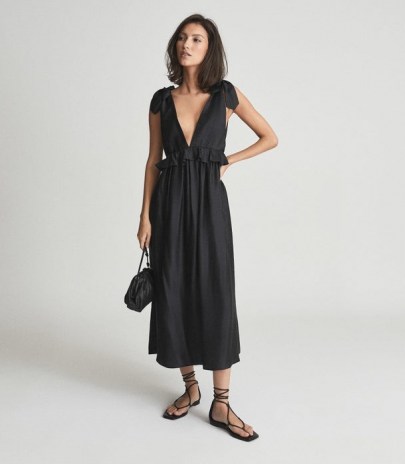 Reiss LAURA SILK BLEND MIDI DRESS BLACK | plunge front summer dresses | frill detail fashion | womens feminine style clothing | plunging neckline