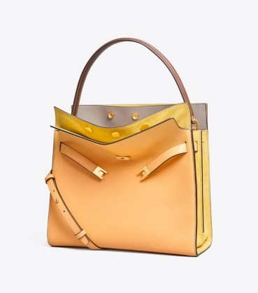 Tory Burch LEE RADZIWILL DOUBLE BAG Jackfruit | chic colour block handbag | luxe colourblock handbags | square shaped top handle bags | womens accessories - flipped