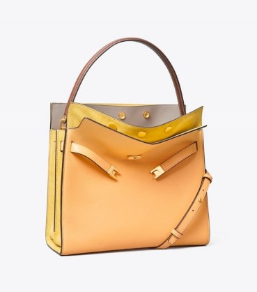 Tory Burch LEE RADZIWILL DOUBLE BAG Jackfruit | chic colour block handbag | luxe colourblock handbags | square shaped top handle bags | womens accessories