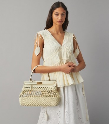 Tory Burch LEE RADZIWILL SMALL BAG in Yuca | chic neutral top handle bags | hand woven macramé pattern handbag | open detail handbags | womens luxe accessories