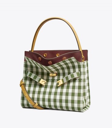 Tory Burch LEE RADZIWILL SMALL DOUBLE BAG Leccio in New Ivory Gingham / green checked handbags - flipped