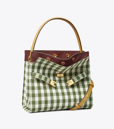Tory Burch LEE RADZIWILL SMALL DOUBLE BAG Leccio in New Ivory Gingham / green checked handbags