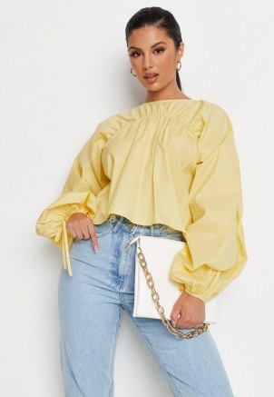 Missguided lemon poplin ruched balloon sleeve top | womens tops with voluminous sleeves | volume fashion