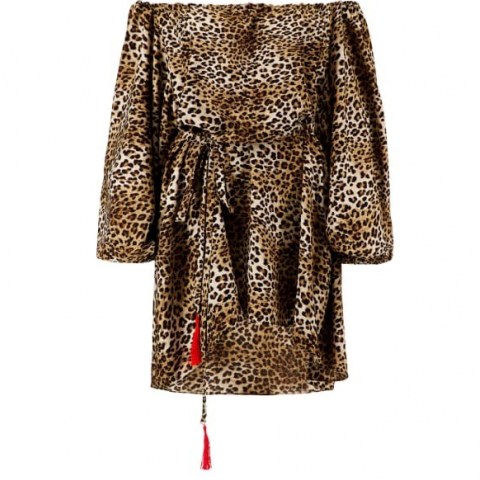 NARCES Leopard Mini Dress ~ brown animal print off the shoulder dresses ~ bardot fashion - flipped