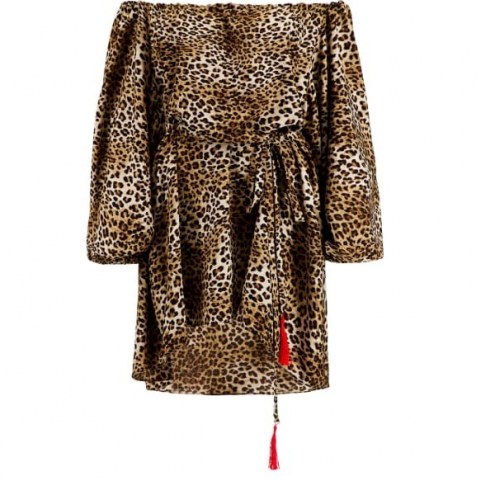 NARCES Leopard Mini Dress ~ brown animal print off the shoulder dresses ~ bardot fashion