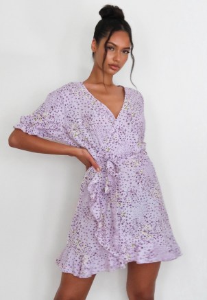 MISSGUIDED lilac floral ruffle wrap tea dress ~ frill trim tie waist dresses - flipped