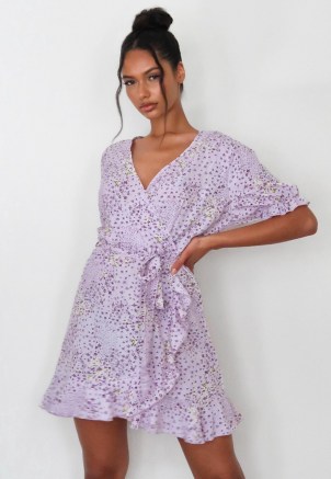 MISSGUIDED lilac floral ruffle wrap tea dress ~ frill trim tie waist dresses
