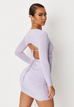 MISSGUIDED lilac slinky ruched open back mini dress ~ womens on trend going out fashion ~ fitted side gathered evening dresses - flipped