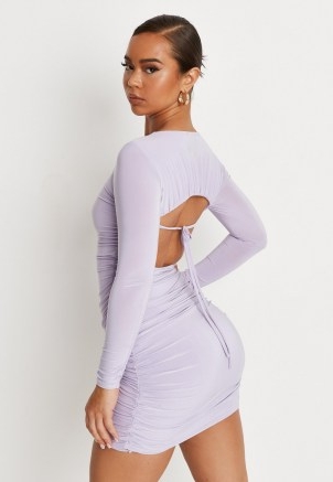 MISSGUIDED lilac slinky ruched open back mini dress ~ womens on trend going out fashion ~ fitted side gathered evening dresses