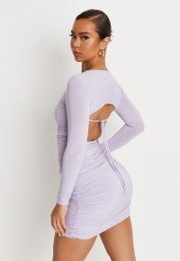 MISSGUIDED lilac slinky ruched open back mini dress ~ womens glamorous going out fashion ~ fitted gathered detail eveing dresses ~ party clothing