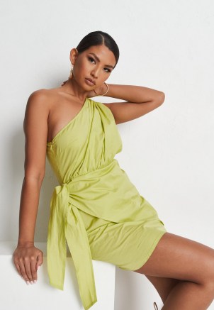 MISSGUIDED lime tie side one shoulder mini dress ~ green asymmetric going out dresses - flipped