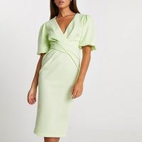 RIVER ISLAND Lime twist front bodycon midi dress ~ chic green puff sleeve dresses