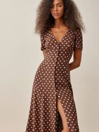 REFORMATION Locklin Dress in Au Lait / brown short sleeve spot print button down dresses