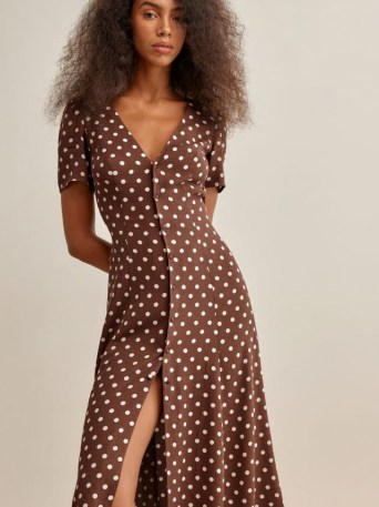 REFORMATION Locklin Dress in Au Lait / brown short sleeve spot print button down dresses - flipped