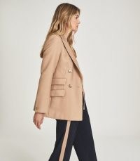 REISS LOGAN DOUBLE BREASTED TWILL BLAZER CAMEL ~ women’s light brown tailored blazers ~ chic jackets