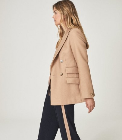 REISS LOGAN DOUBLE BREASTED TWILL BLAZER CAMEL ~ women’s light brown tailored blazers ~ chic jackets - flipped