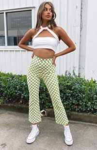 BEGINNING BOUTIQUE Lorelai Check Pant Light Green ~ womens checked crop leg pants ~ women’s casual cropped cotton trousers