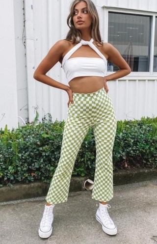BEGINNING BOUTIQUE Lorelai Check Pant Light Green ~ womens checked crop leg pants ~ women’s casual cropped cotton trousers - flipped